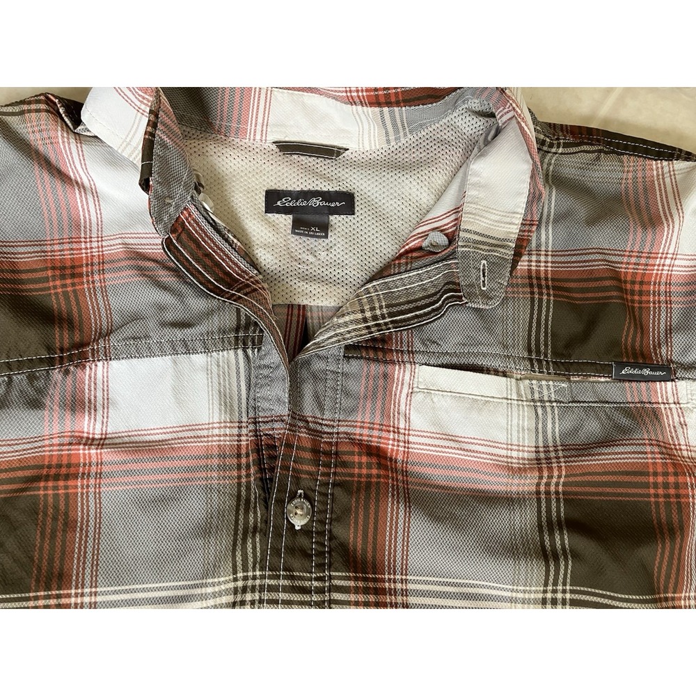 Eddie Bauer Short Slv Shirt Mens Brown Check Polyester Blend Button Down Sz XL